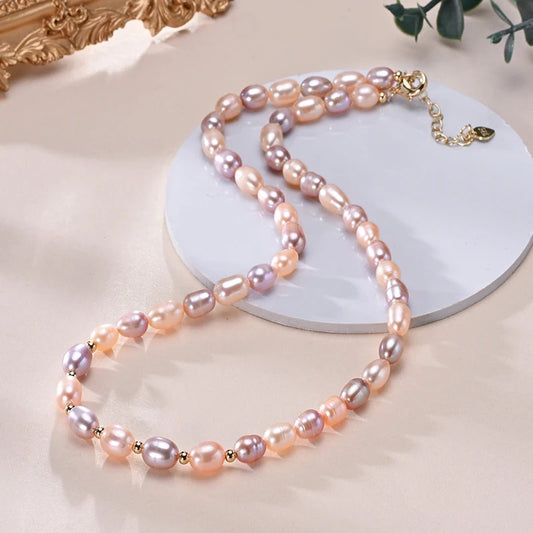 AISANG Rice Shape Freshwater Pearl Mixed Color Pearl 925 Sterling Silver Necklace for Women