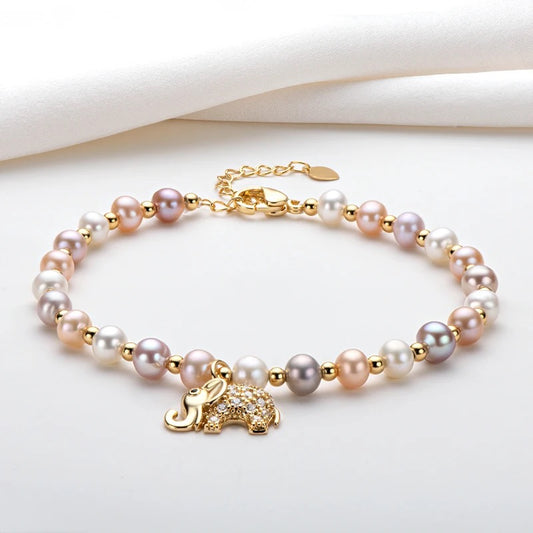 AISANG Natural Freshwater Oval Pearl Cute Elephant Bracelet Women Jewelry 14K Gold Filled